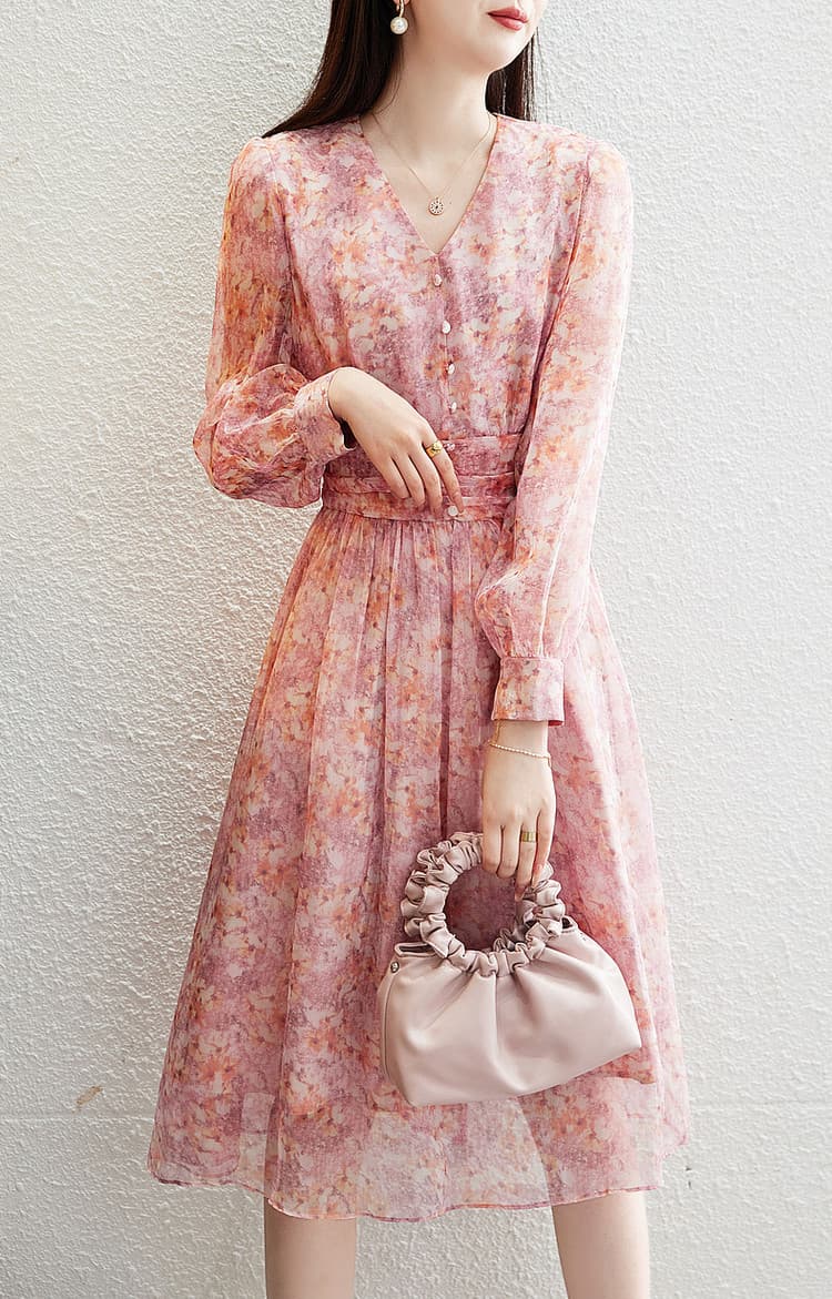 大人ワンピース ロング 花柄シフォンギャザーワンピース