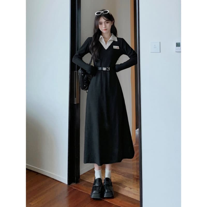 大人ワンピース ロング 襟付きベルト付きワンピース