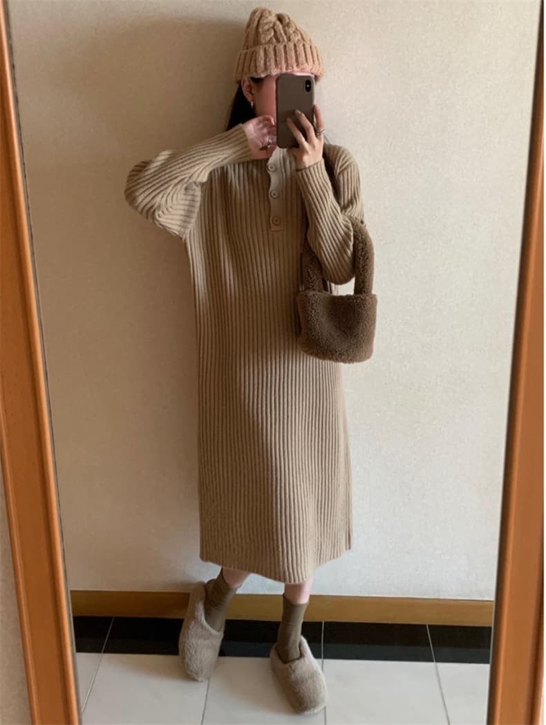 大人ワンピース リブニットワンピース長袖ハイネックロング丈きれいめ