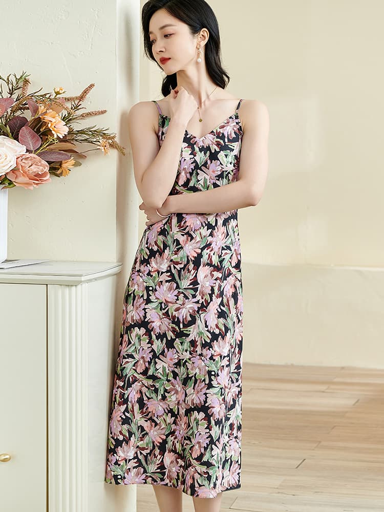 大人ワンピース ロング 優美な花柄シルエットキャミソールワンピース