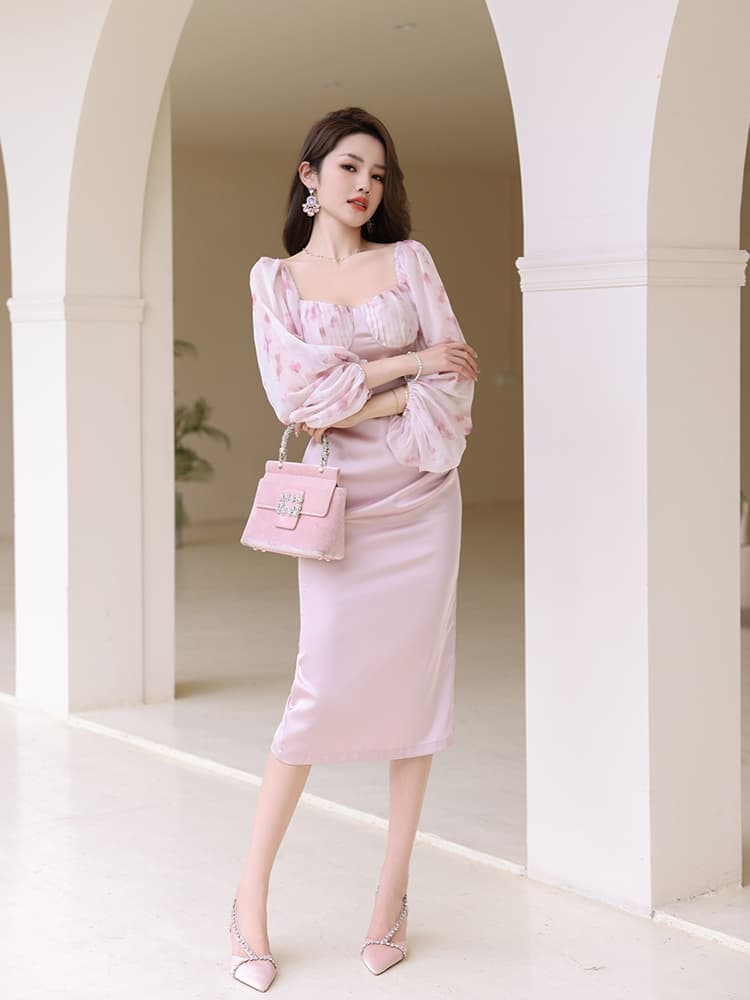 大人ワンピース ロング シースルーパフスリーブ バルーン ミディ丈ワンピース