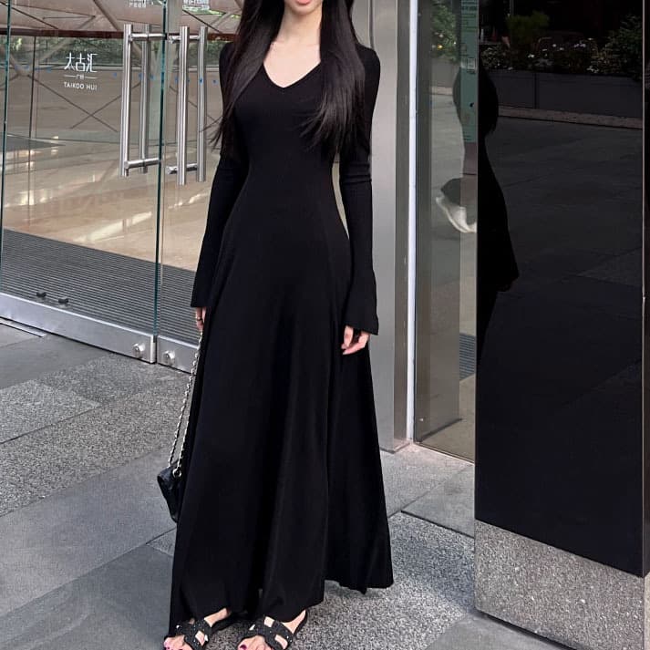大人ワンピース ロング フィット感リブ素材