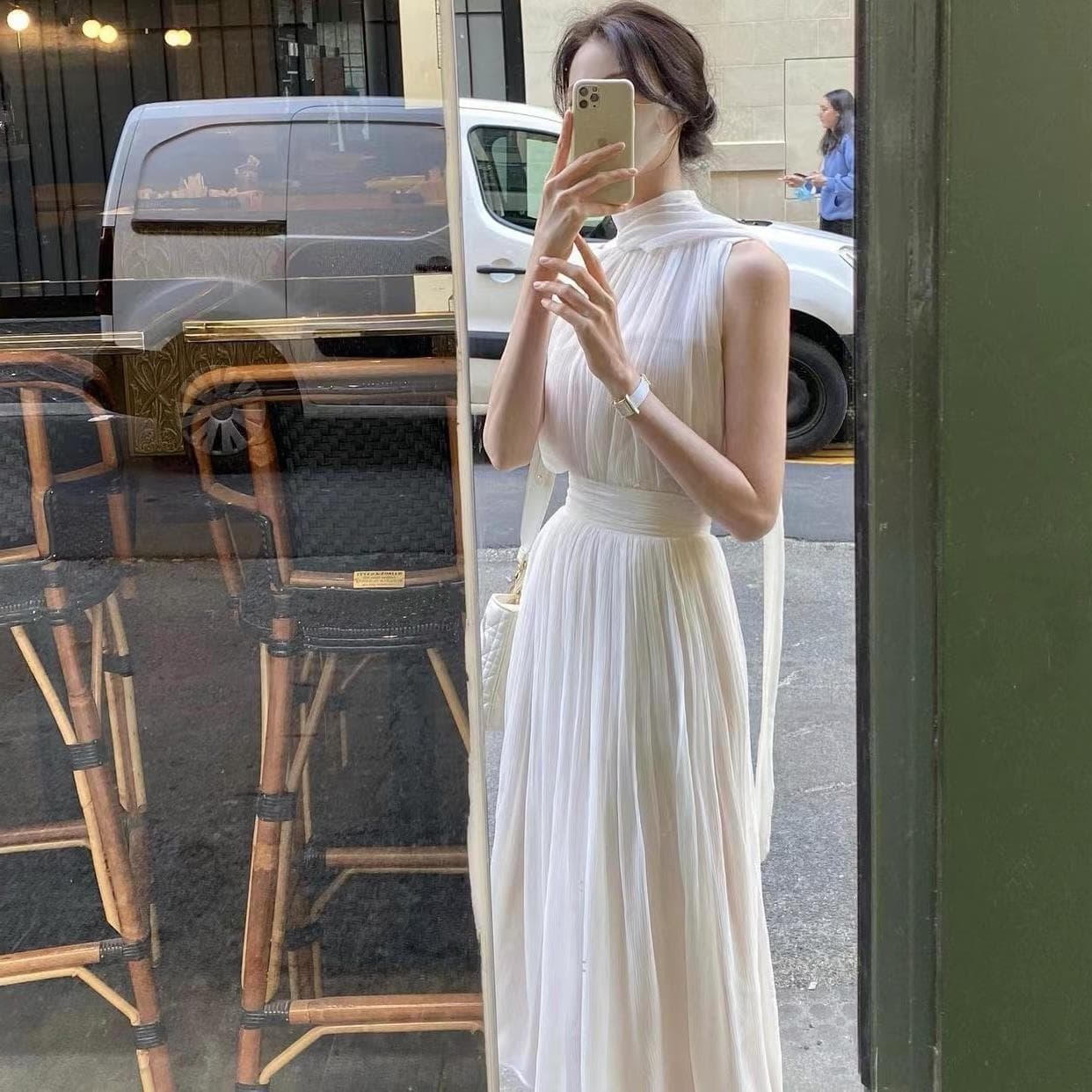 大人ワンピース ロング シアープリーツ ホルターネック ロングワンピース