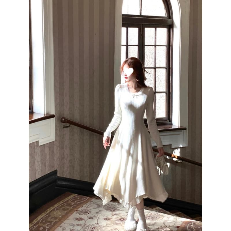 大人ワンピース ロング 優雅なプリーツニットワンピース