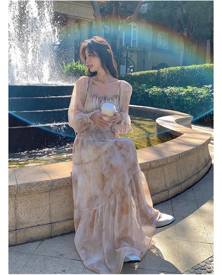 大人ワンピース ロング 優美な花柄ティアードワンピース