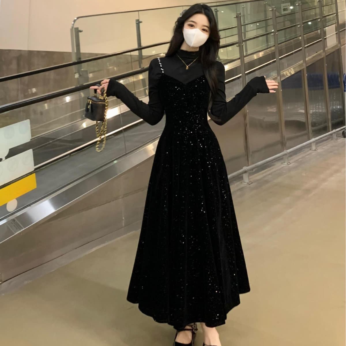 大人ワンピース ロング きらめき華やぎベロア調ギャザーワンピース