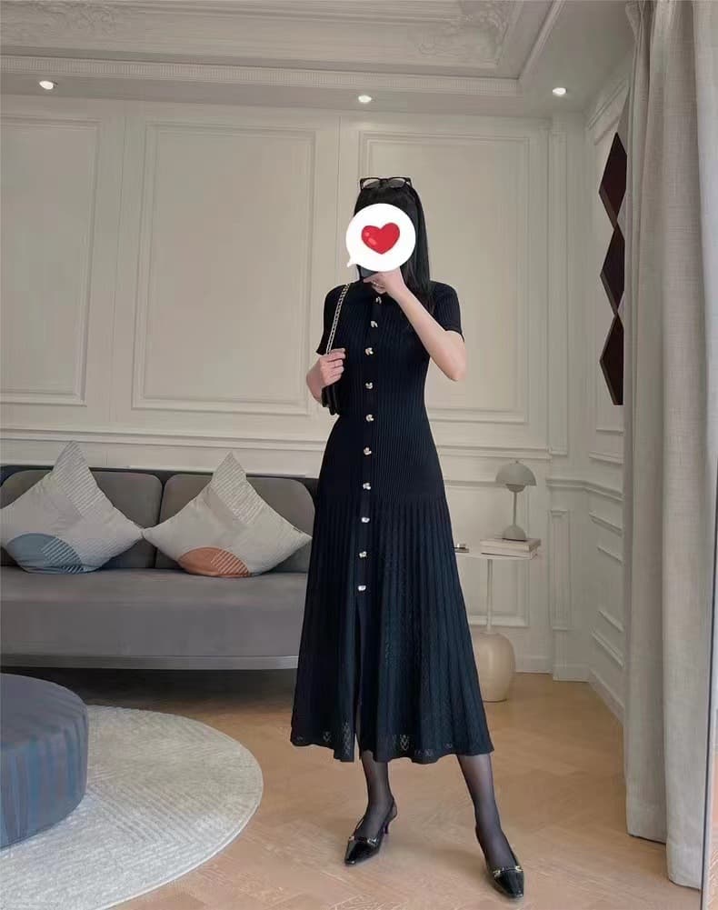 大人ワンピース ロング リブニット縦ボタン フレアワンピース