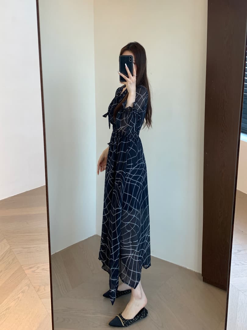 大人ワンピース ロング リボン飾り格子柄シフォンロングワンピース
