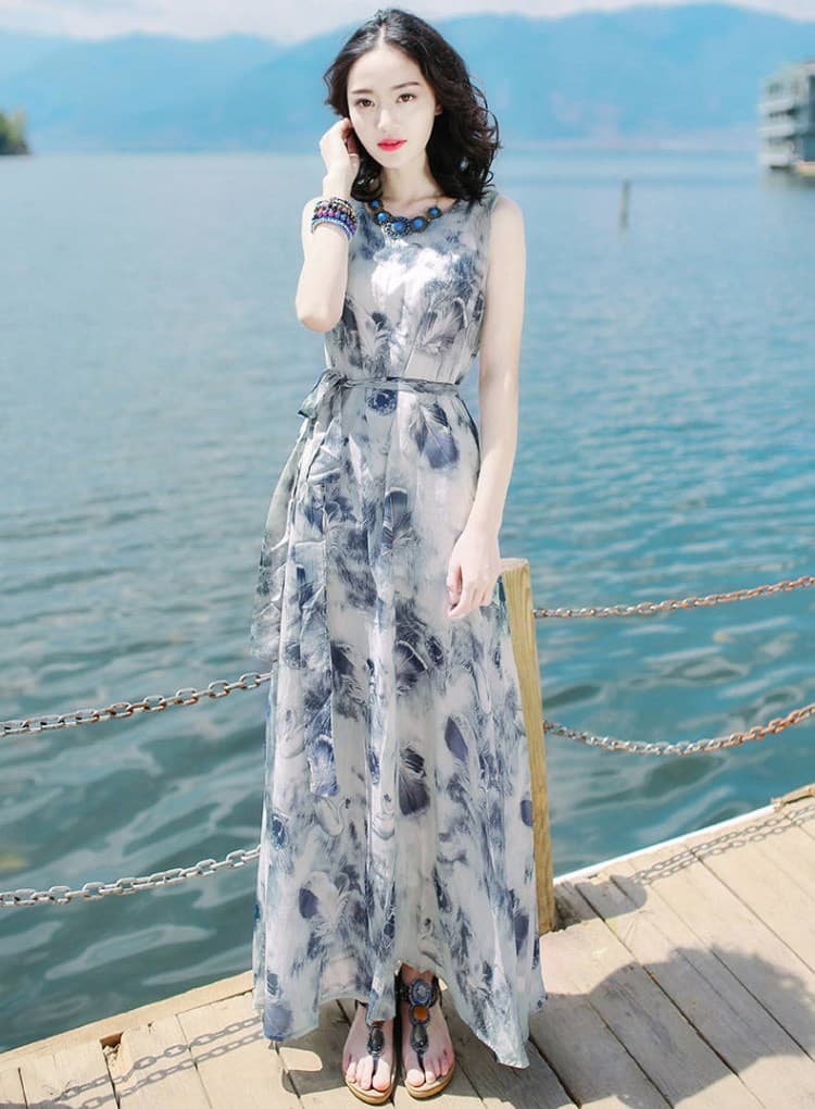 大人ワンピース ロング 優美な花模様 シフォンマキシワンピース