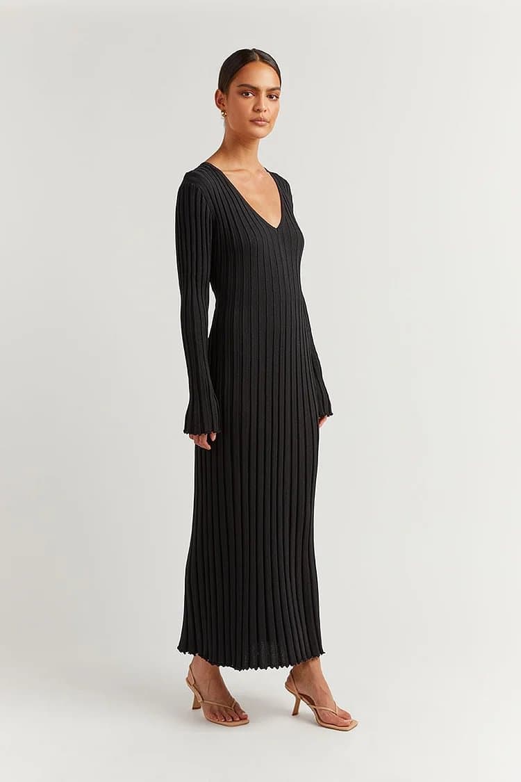 大人ワンピース ロング リブ編みフィット美シルエットワンピース