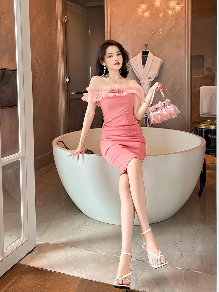 大人ワンピース ロング 優美なチュールフリルワンピース