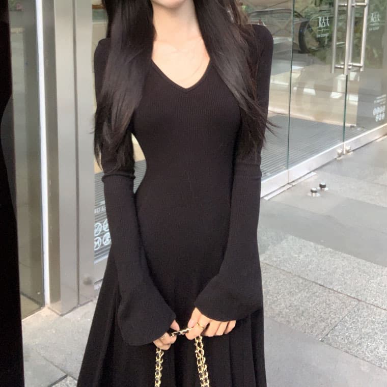 大人ワンピース ロング フィット感リブ素材