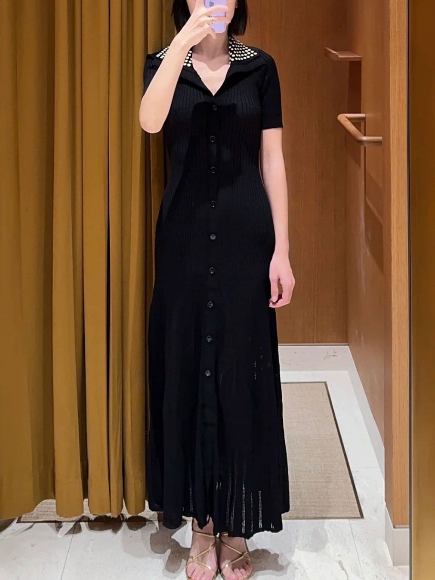 大人ワンピース ロング ドット襟リブニットワンピース