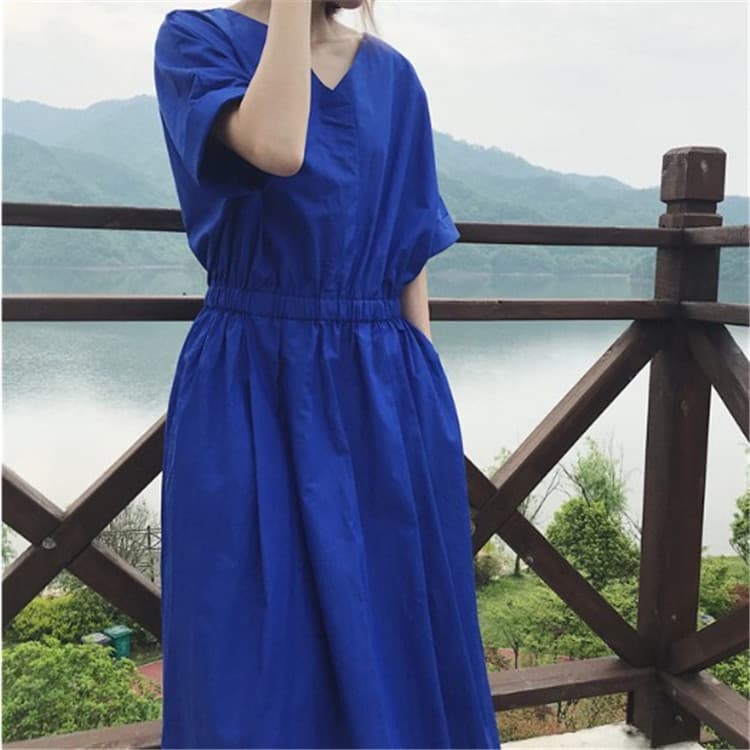 大人ワンピース ロング 五分袖ゆったりギャザーワンピース