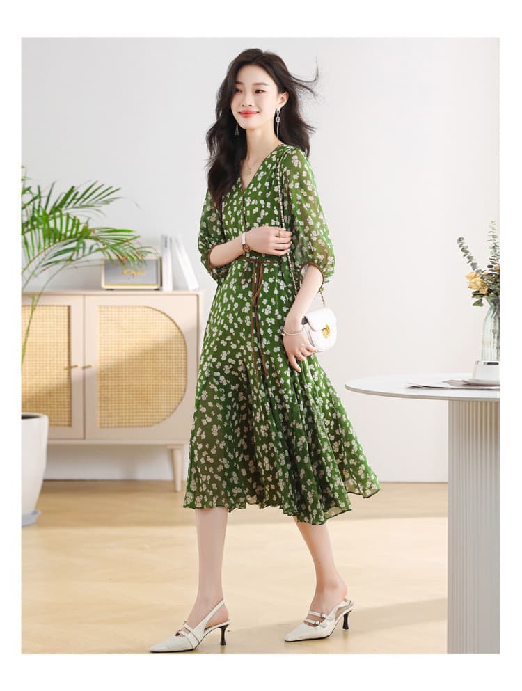 大人ワンピース ロング 花柄シアー素材パフスリーブ