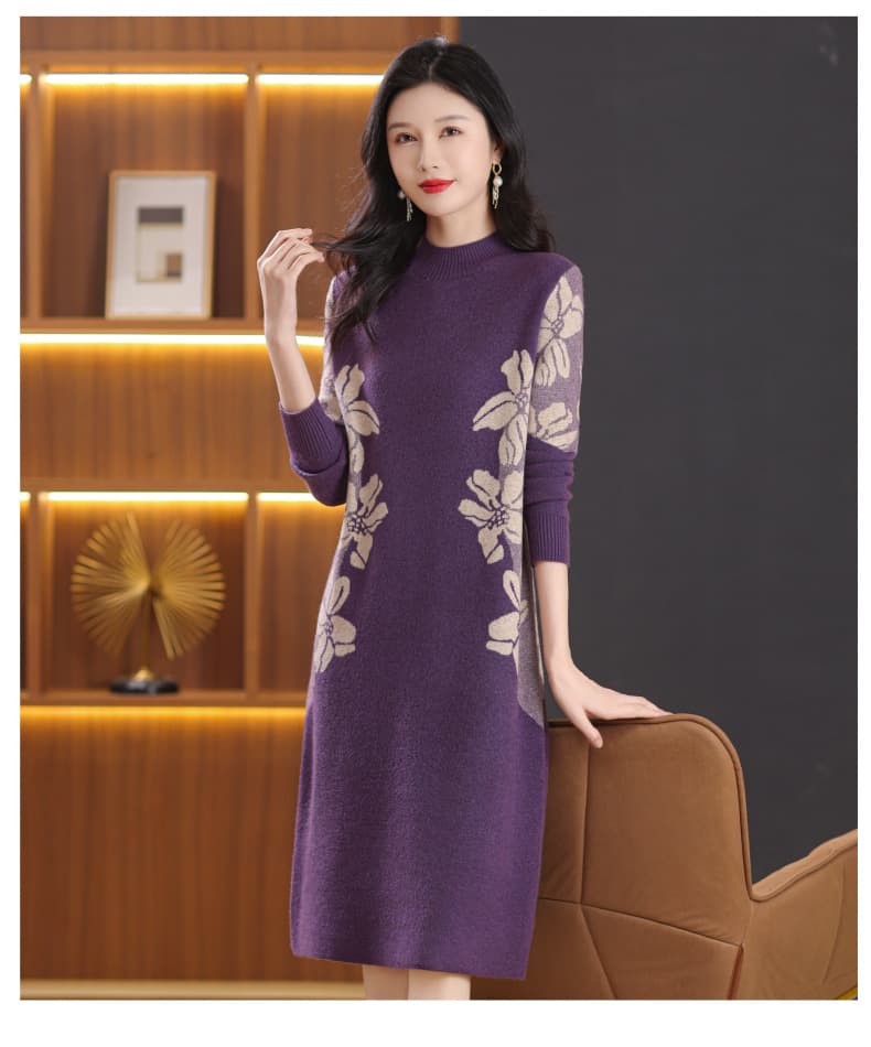大人ワンピース ロング 花柄ニットロングワンピース