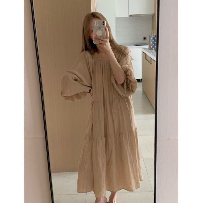 大人ワンピース ロング ふんわり袖のティアードワンピース