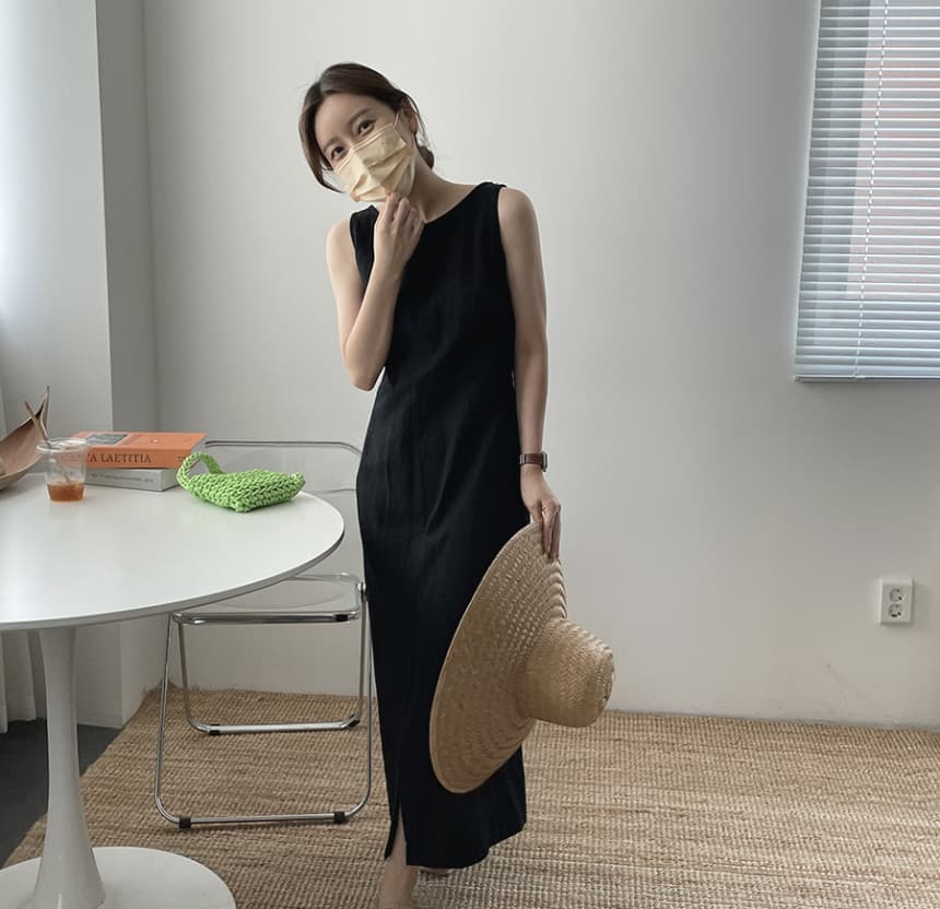 大人ワンピース 綿麻無地ノースリーブロングワンピース