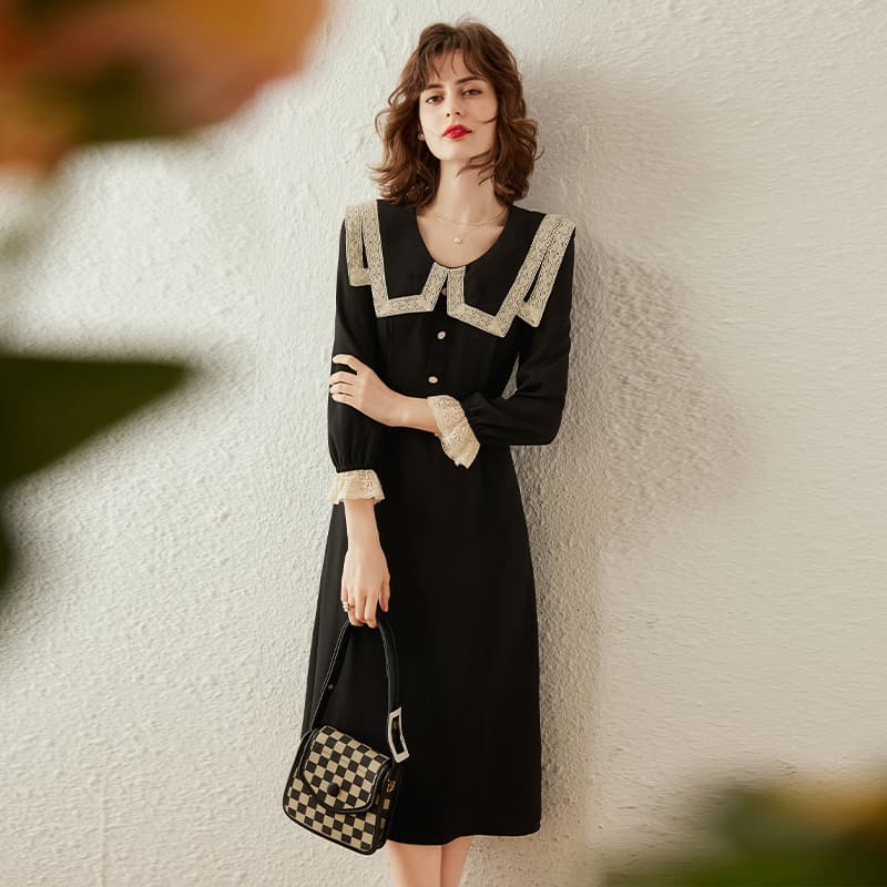 大人ワンピース ロング レース襟付きクラシカルワンピース