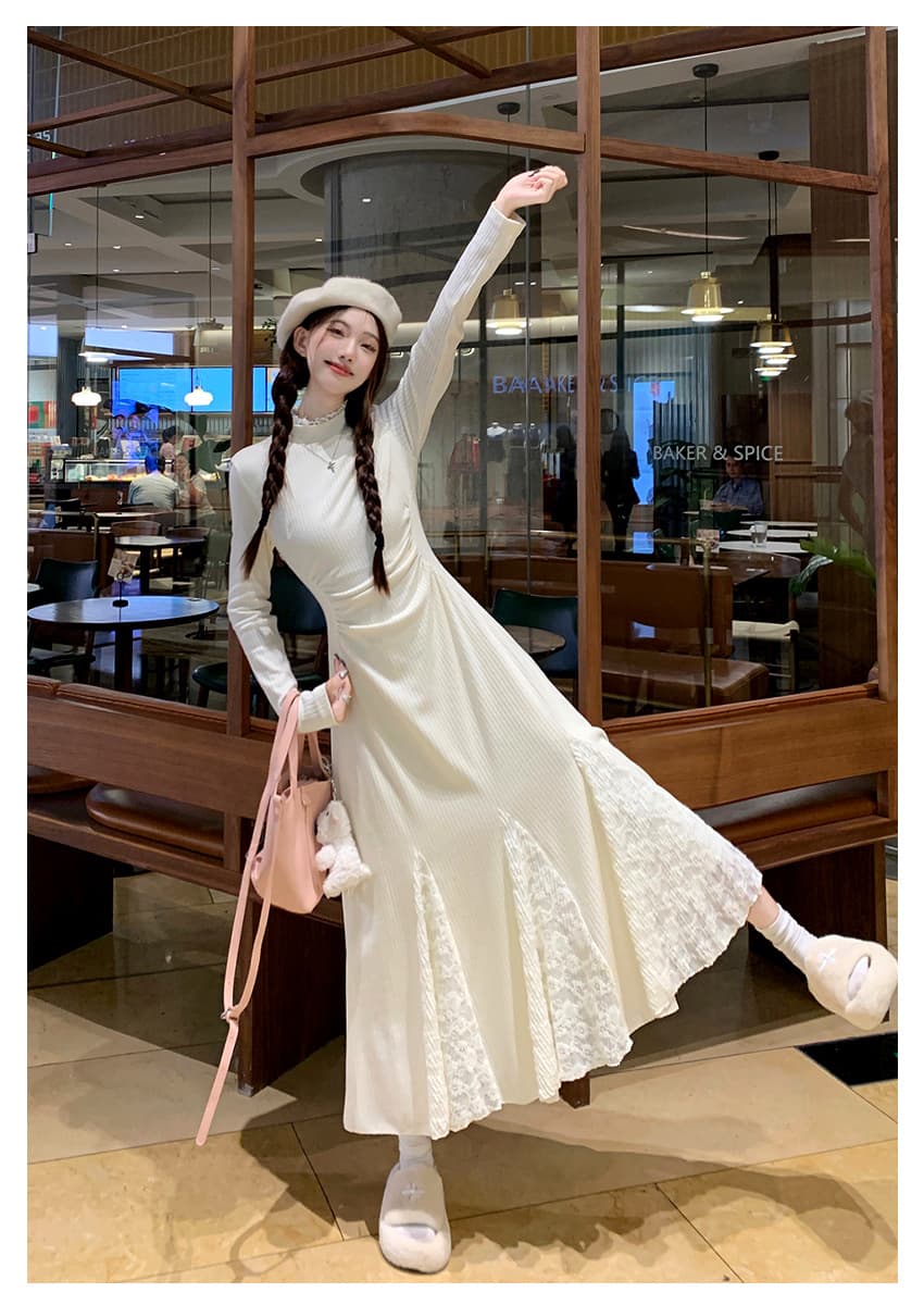 大人ワンピース ロング レース切替フレアワンピース