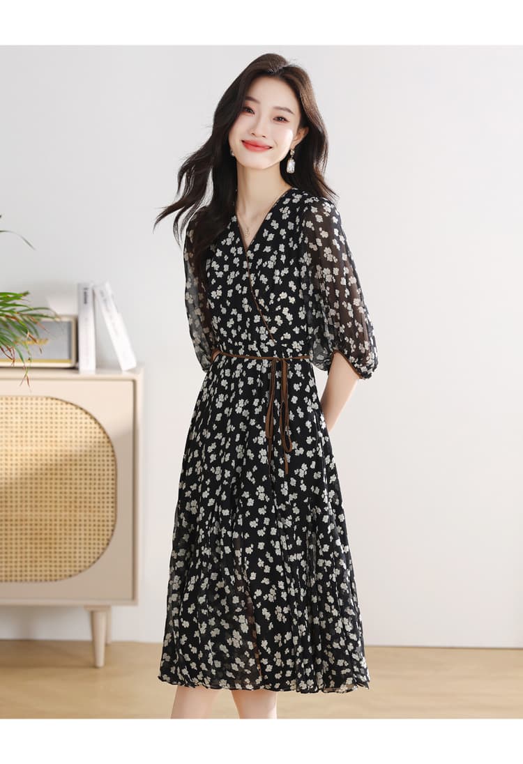 大人ワンピース ロング 花柄シアー素材パフスリーブ
