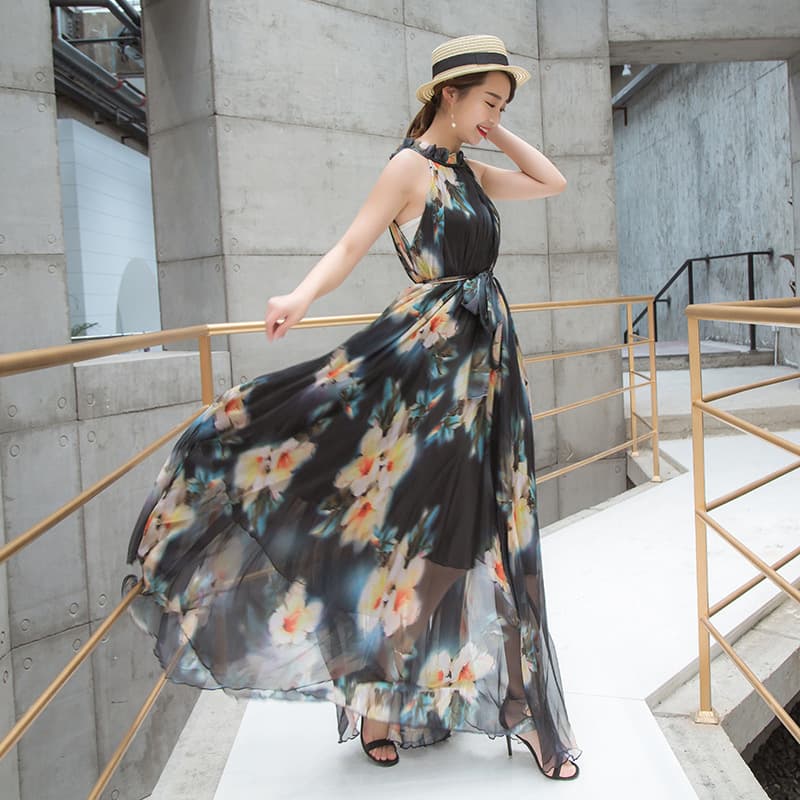 大人ワンピース ロング フローラル柄シフォンホルターネックワンピース