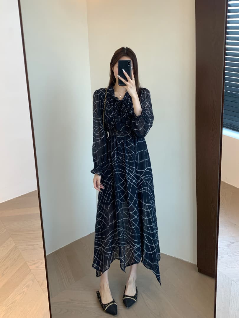 大人ワンピース ロング リボン飾り格子柄シフォンロングワンピース