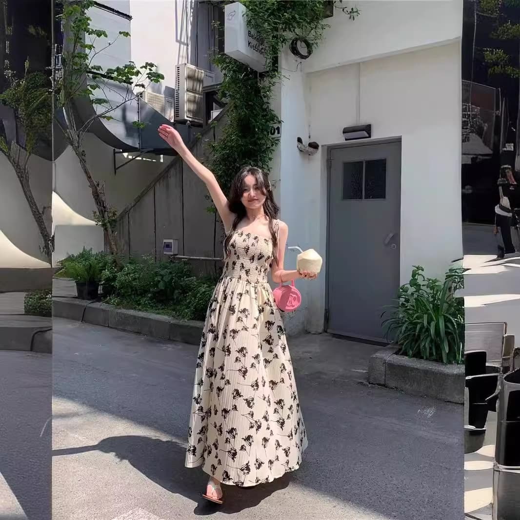 大人ワンピース マキシ 蝶々舞う優美なキャミソールワンピース