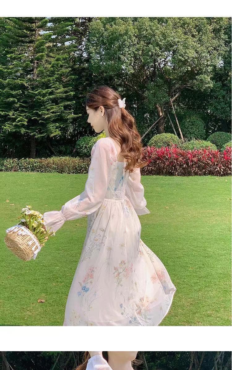 大人ワンピース ロング 優美な花柄パフスリーブワンピース