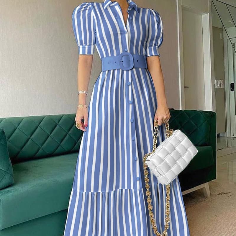 大人ワンピース ロング パフスリーブシャツ襟ティアードワンピース