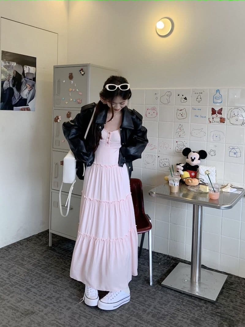 大人ワンピース ロング フリル切替ティアードマキシワンピース