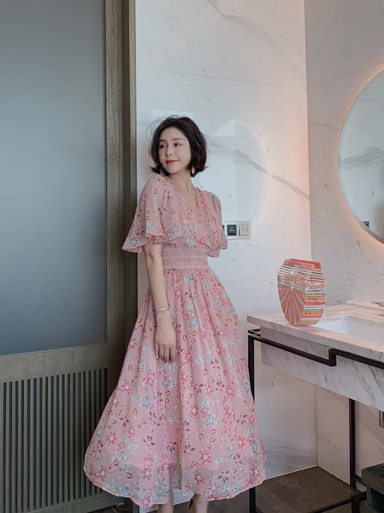 大人ワンピース ロング 優美なシアー袖花柄ギャザーワンピース