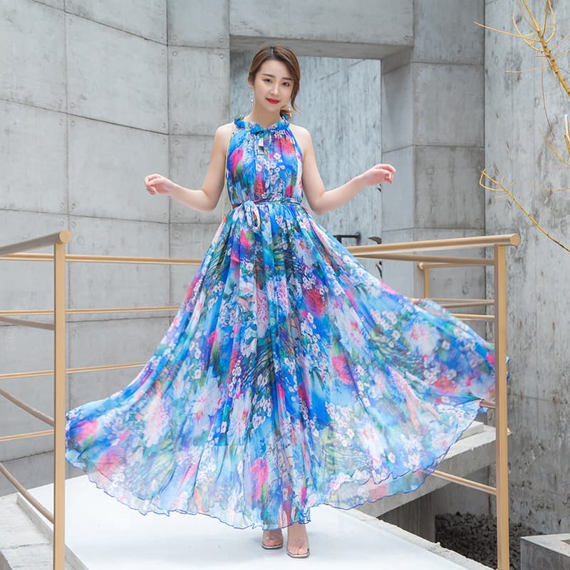 大人ワンピース ロング フローラル柄シフォンホルターネックワンピース