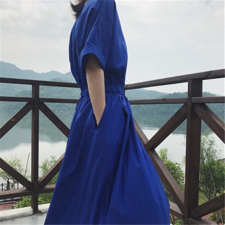 大人ワンピース ロング 五分袖ゆったりギャザーワンピース