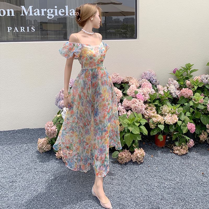 大人ワンピース ロング 花柄シアーギャザーワンピース