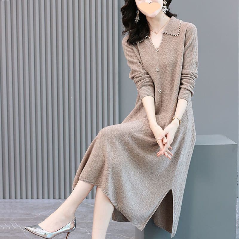 大人ワンピース ロング ゆったり着やすい スリット入りニットワンピース