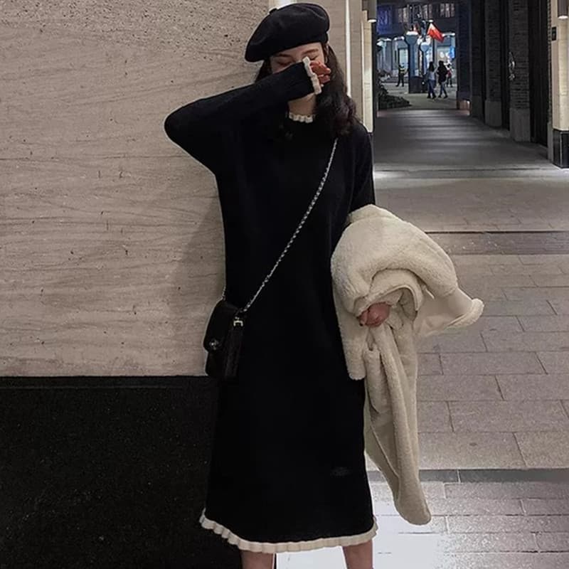 大人ワンピース ロング フリル裾付きニットワンピース