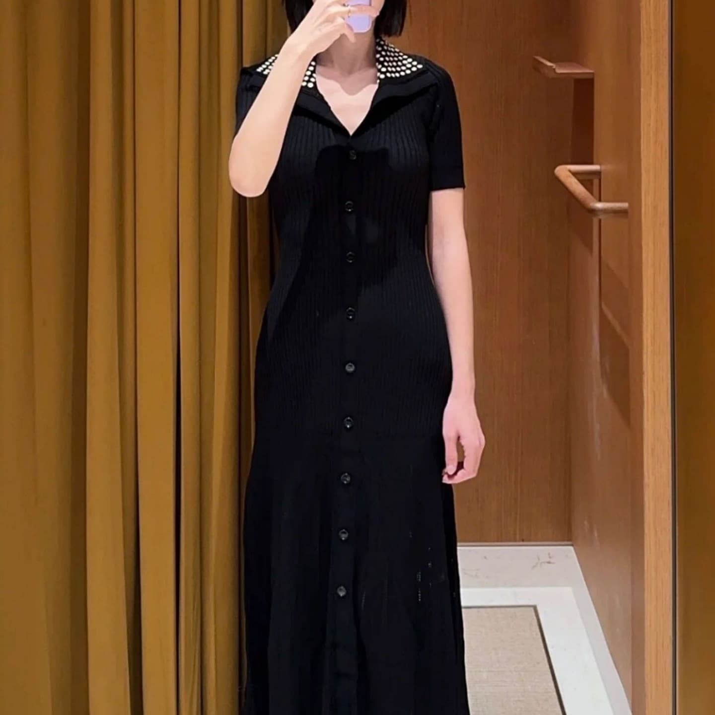 大人ワンピース ロング ドット襟リブニットワンピース