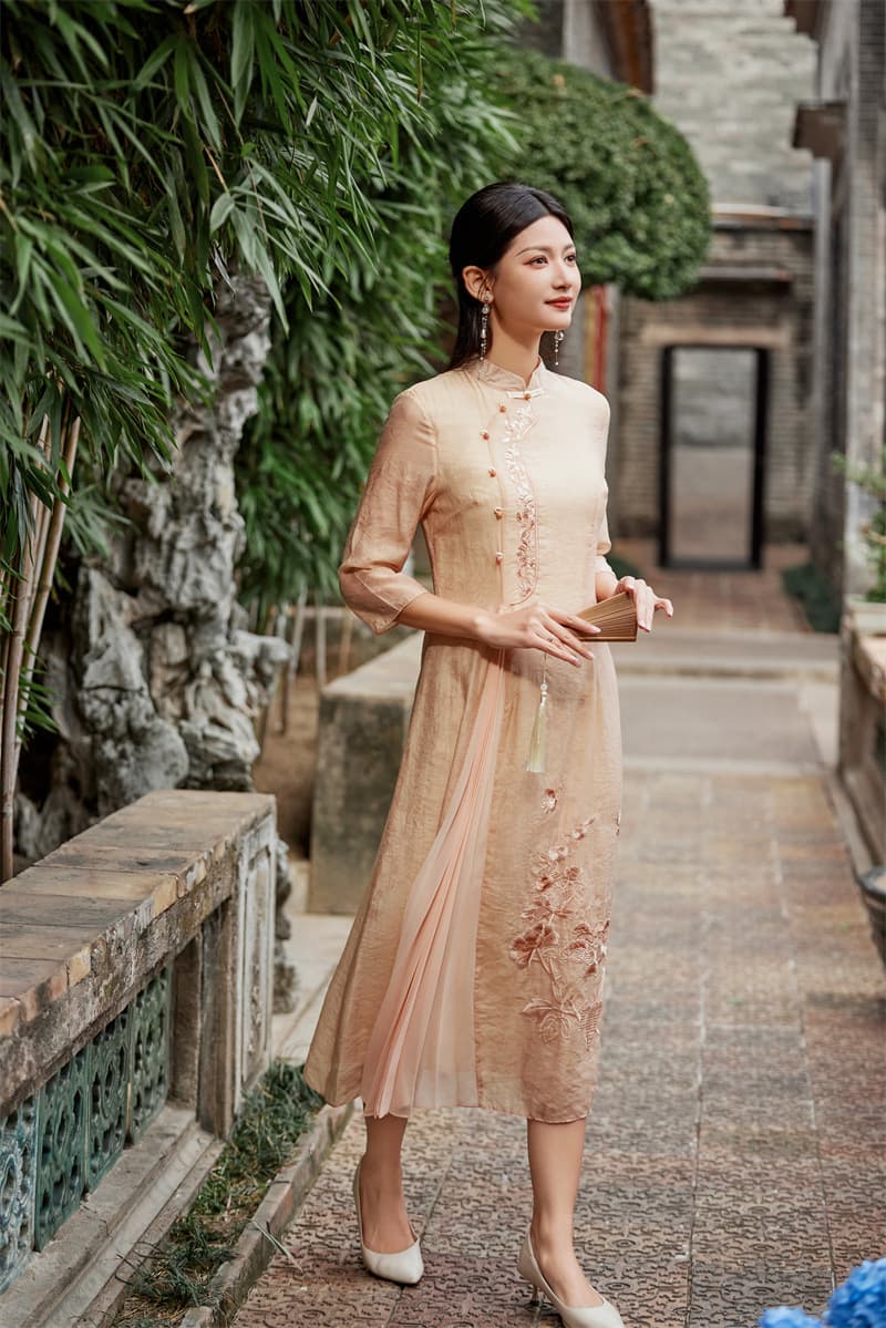 大人ワンピース ロング 優美なプリーツ チャイナ風ワンピース