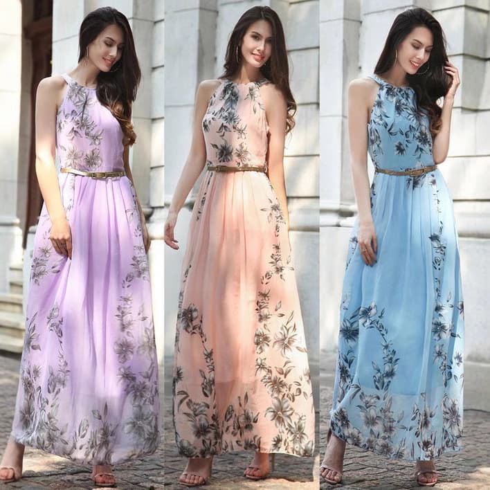 大人ワンピース マキシ 花柄シフォン プリーツ マキシワンピース