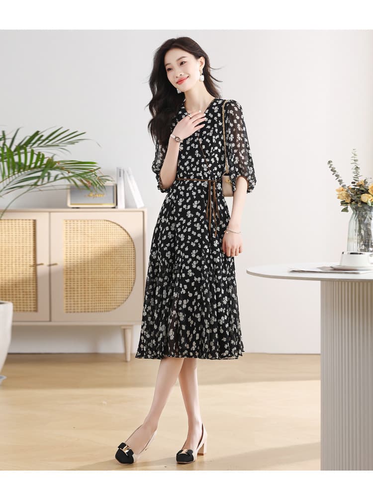 大人ワンピース ロング 花柄シアー素材パフスリーブ