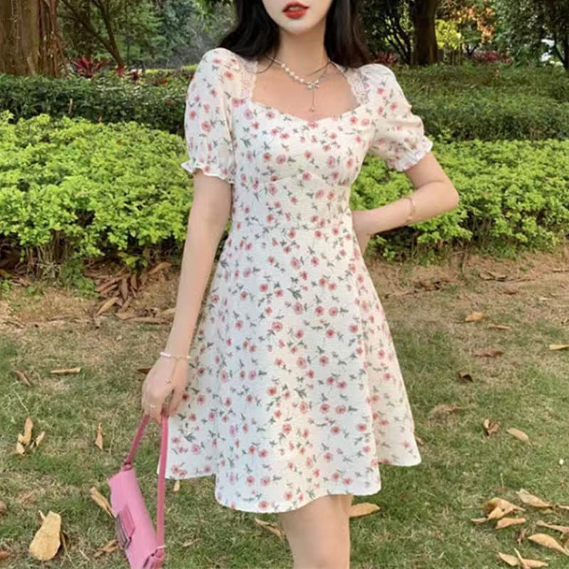 大人ワンピース ロング 上品華やかな花柄パフスリーブワンピース