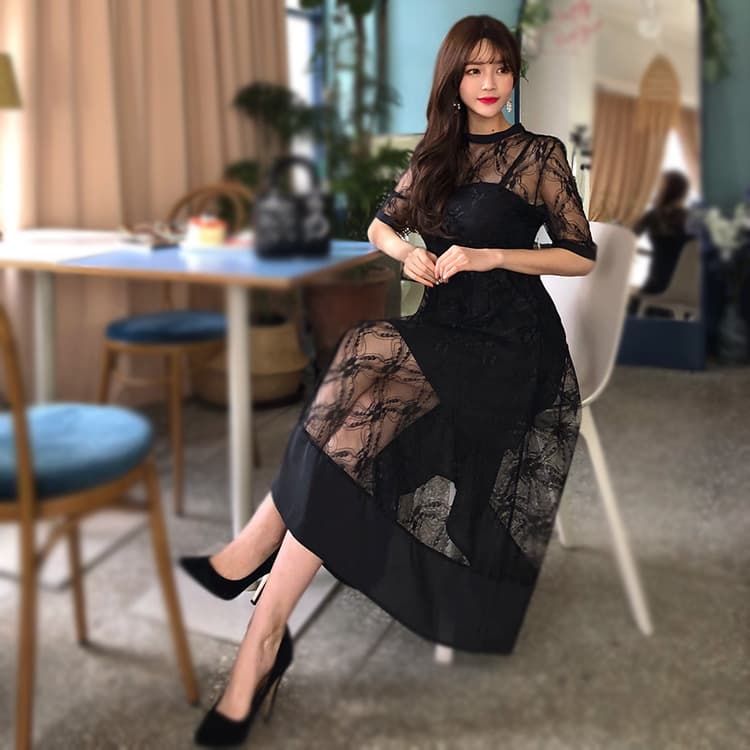 大人ワンピース ロング レース切替シアー素材ワンピース
