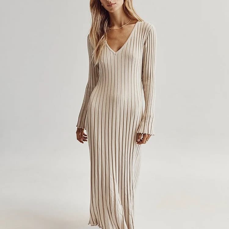 大人ワンピース ロング リブ編みフィット美シルエットワンピース