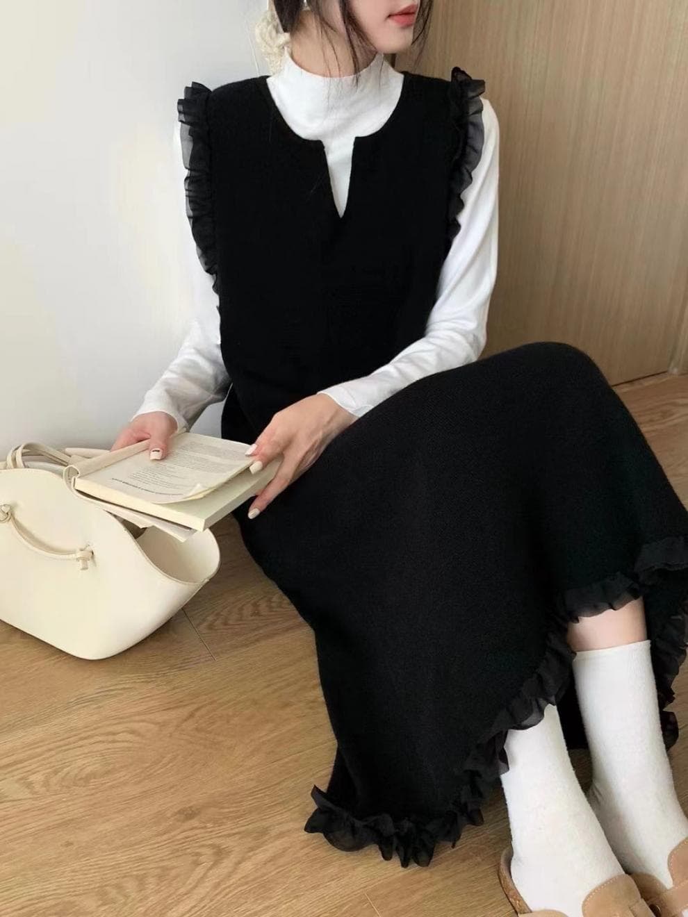 大人ワンピース フリル袖ジャンパースカート ロング丈 重ね着風ワンピース