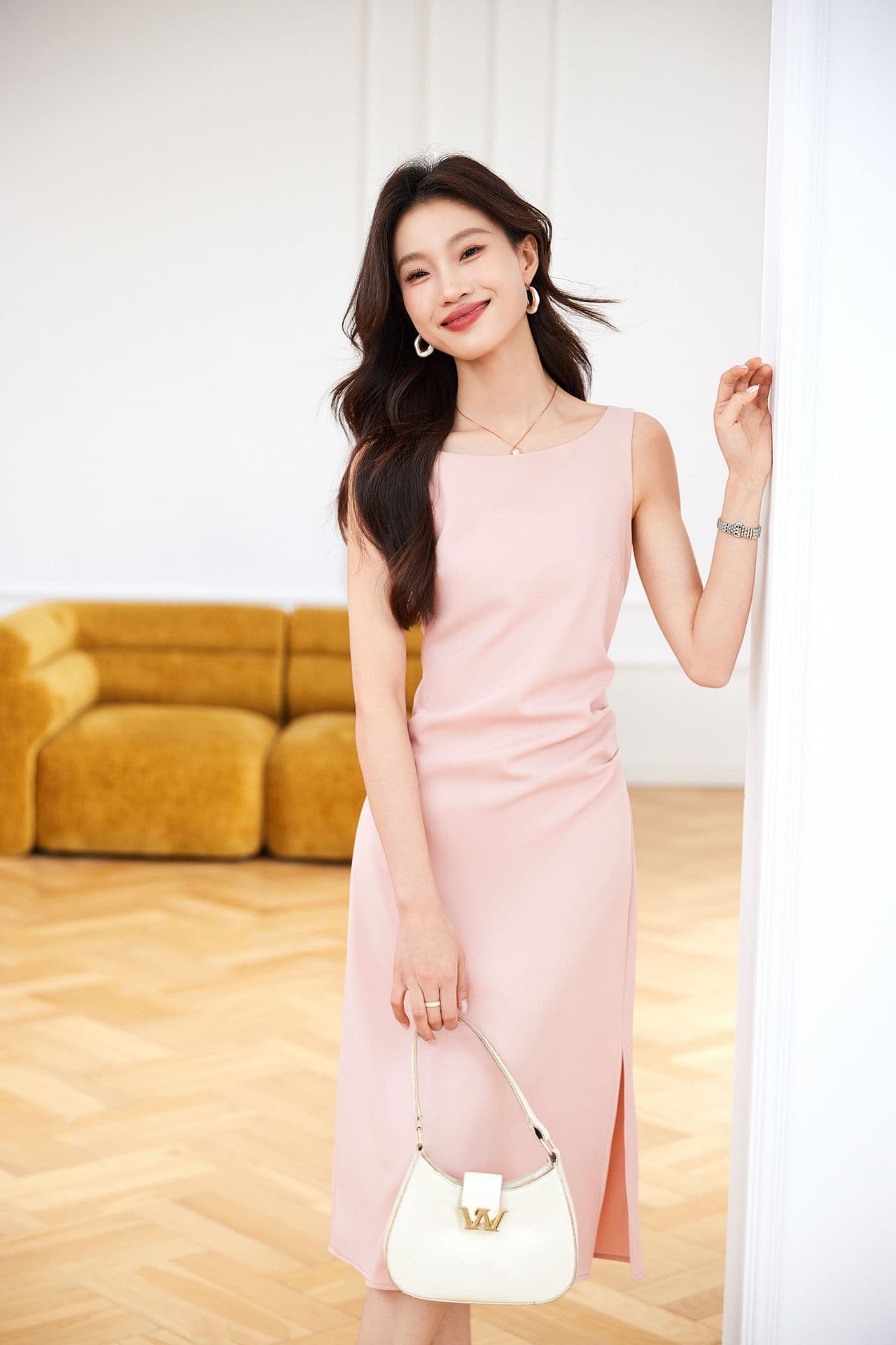大人ワンピース ロング シンプル上品スリット入りワンピース