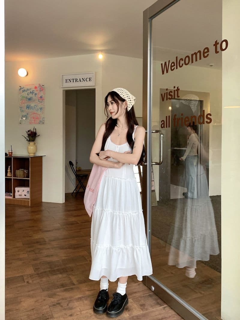 大人ワンピース ロング フリル切替ティアードマキシワンピース