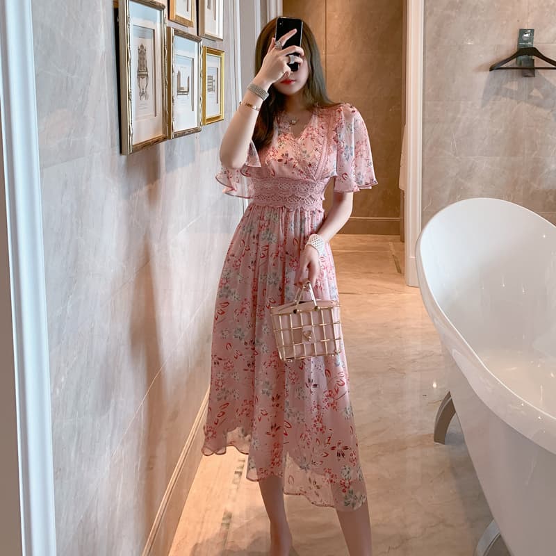 大人ワンピース ロング 優美なシアー袖花柄ギャザーワンピース