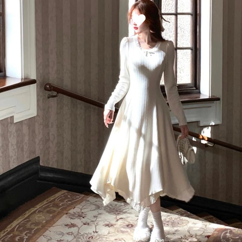 大人ワンピース ロング 優雅なプリーツニットワンピース