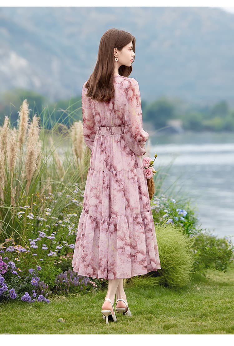 大人ワンピース ロング 優美な花柄シフォンロングワンピース